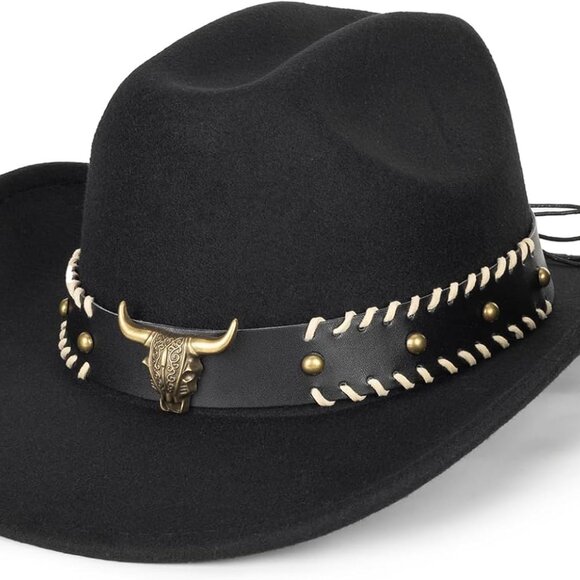 Western Cowboy Hat Unisex Wide Brim Felt Cowgirl Fedora with Bull Head Band - Picture 1 of 6